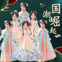 儿童汉服夏季古装仙气襦裙2023中国风女童长袖绿色演出古风连衣裙