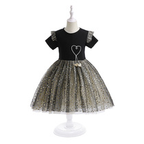 欧美女童黑色礼服裙亚马逊新款儿童星空蓬蓬裙超仙洋气网纱公主裙